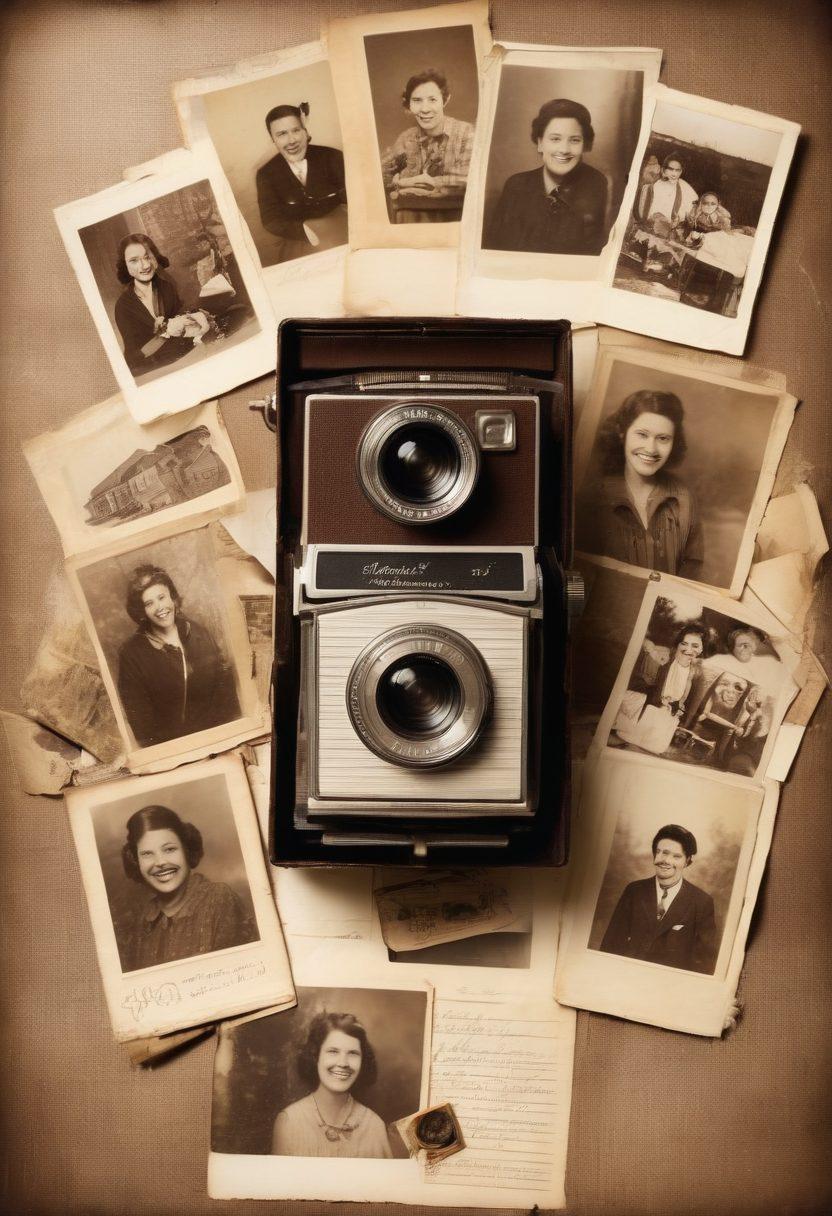A nostalgic, sepia-toned collage of old photographs showing joyful, candid moments, full of smiling faces and poignant memories. Incorporate a vintage photo album partially open, with scattered Polaroids and film strips evoking a sense of historical sentiment. Retro elements like old cameras and handwritten notes add authenticity. vintage aesthetic. sepia tones. collage style.