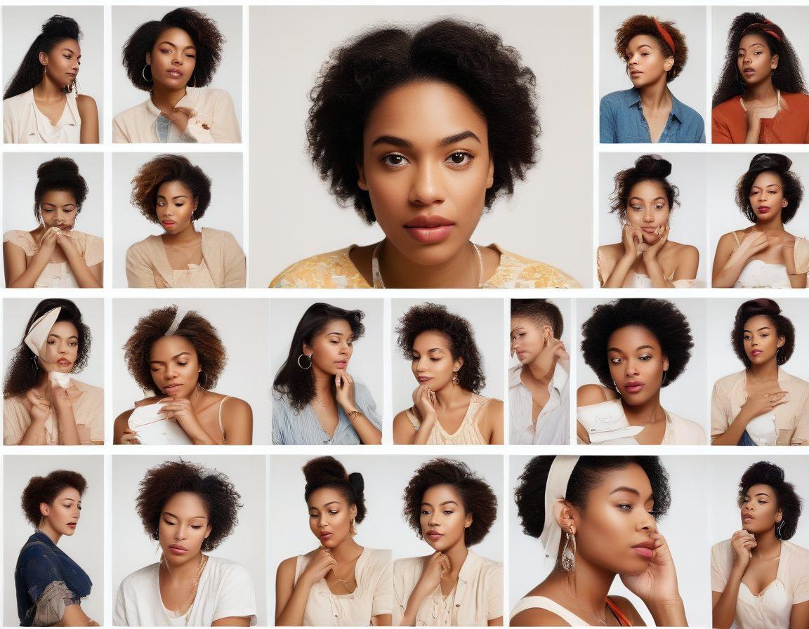 A collage of various candid and posed photographs featuring diverse women in different moods and settings, emphasizing the theme of memories and ex-relationships. Superimpose subtle icons such as broken heart, timepieces, and old love letters to add emotional depth. Warm, nostalgic tones. Super-realistic. Vibrant colors. White background.