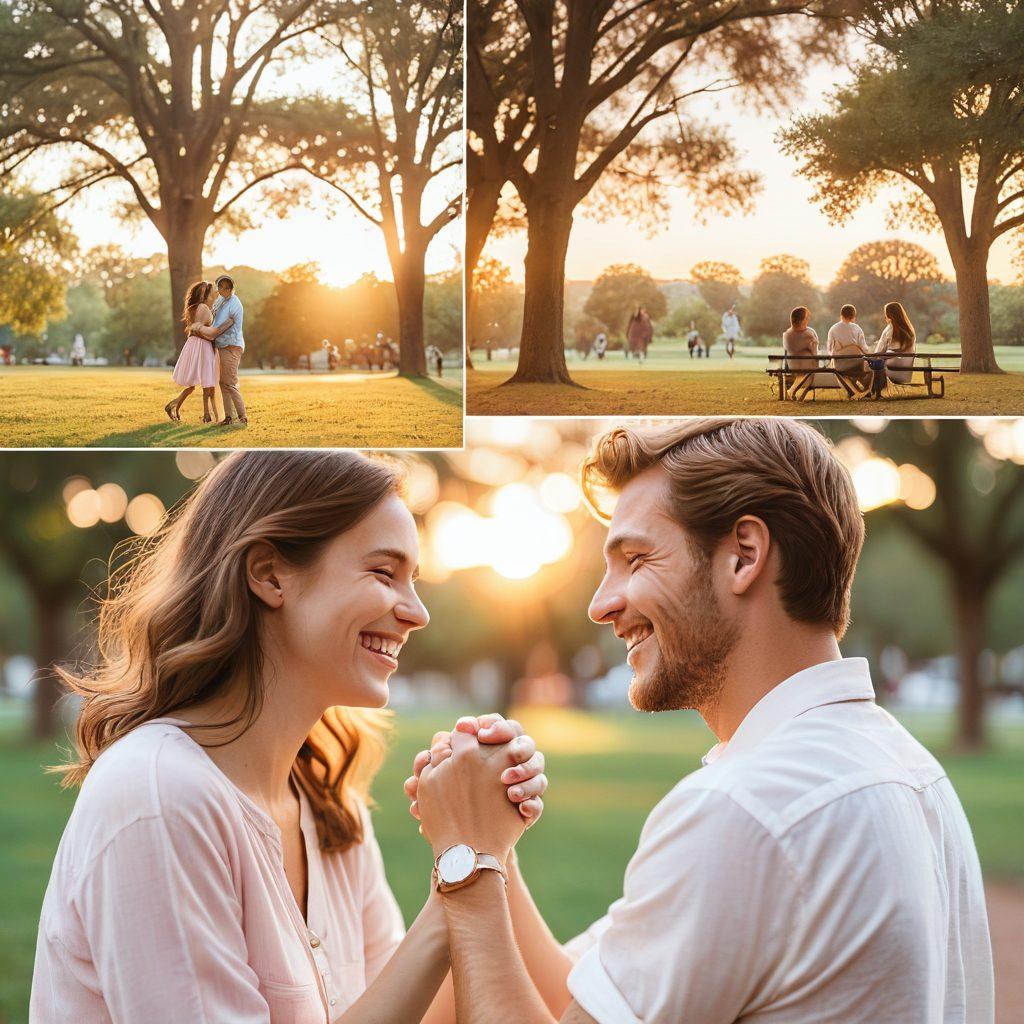 A dreamy collage featuring candid, heartfelt moments of a past relationship: laughing together at a park, sharing a sunset, holding hands, and a close-up of a nostalgic photograph. Ethereal light, soft pastel colors, and gentle bokeh. painting. warm tones. romantic and nostalgic atmosphere.